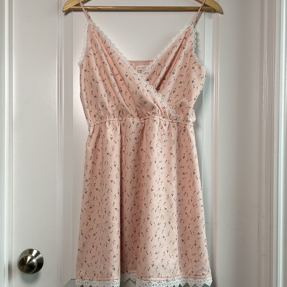 Backyard Roses Blush Pink Ditsy Floral White Lace Trim Mini Dress Coquette Style